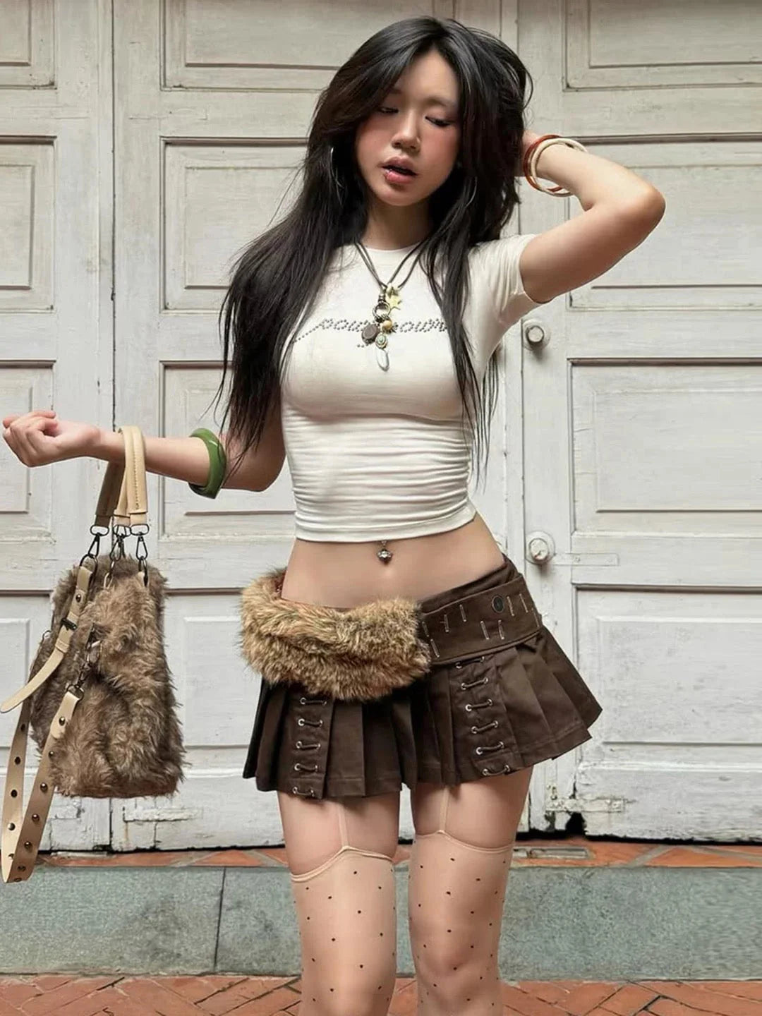 Lace Up Fur Belt Mini Skirt S3498