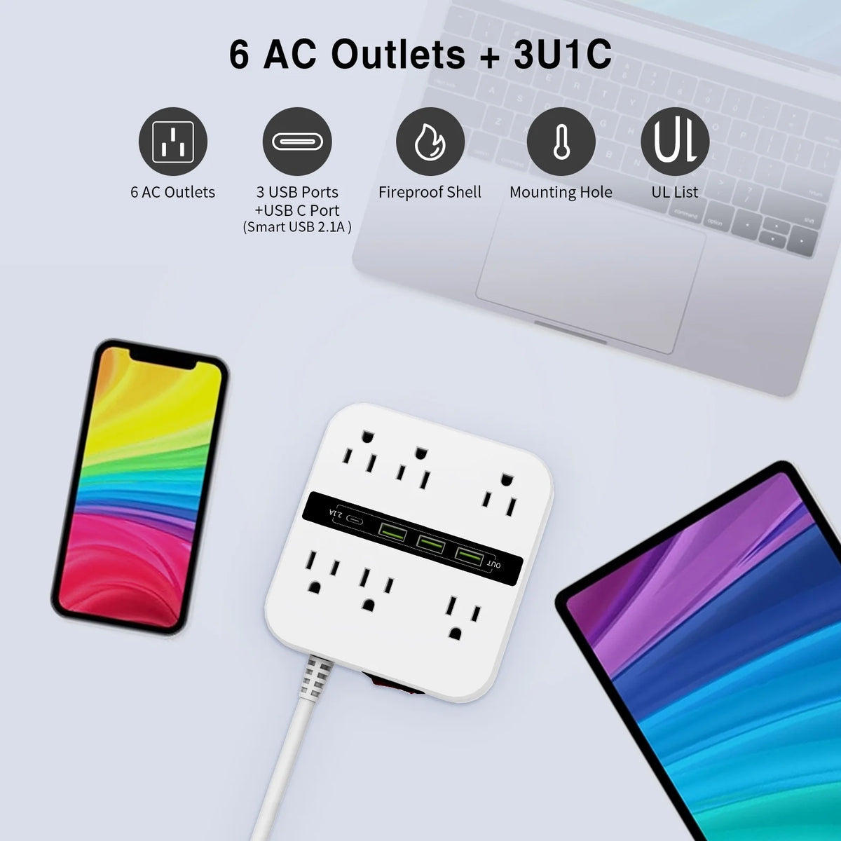 6 Outlets 4 USB Ports Surge Protector Power Strip with 6.6ft White Flat Extension Cord M209093