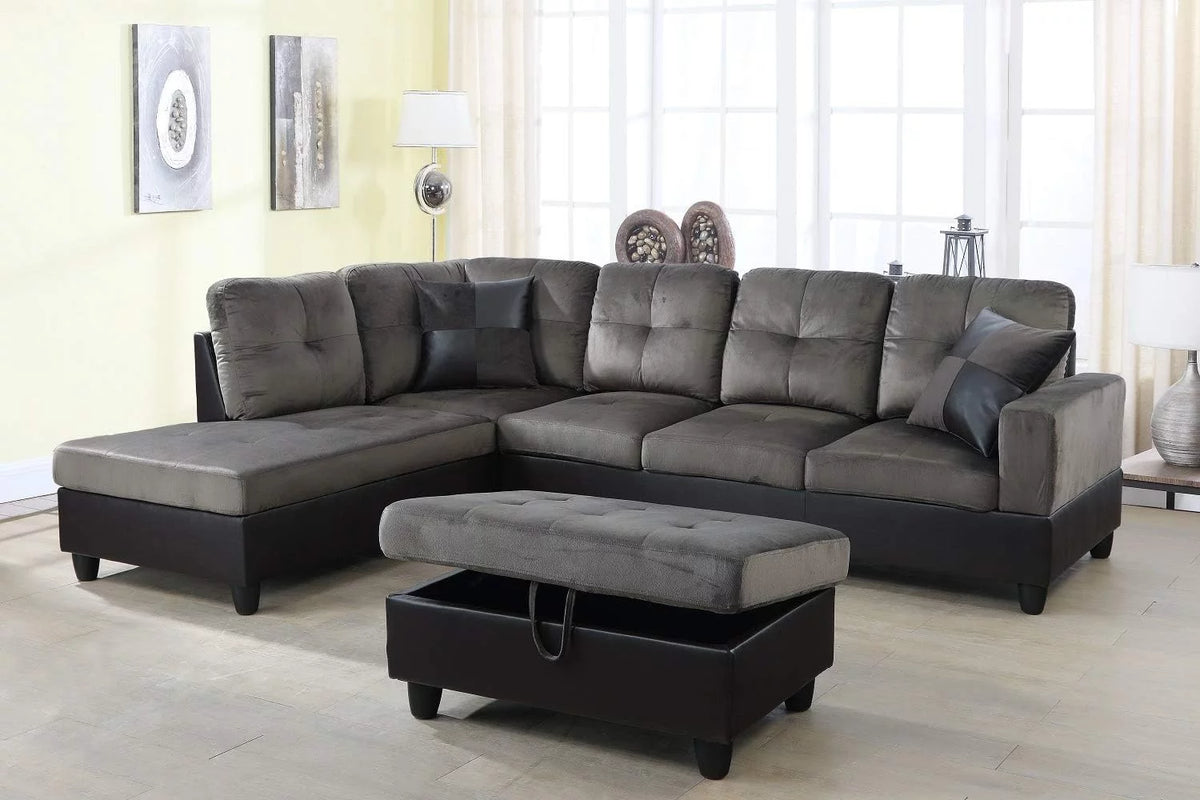 3 Piece Sectional Sofa Set with Right Facing Chaise and Storage Ottoman O441