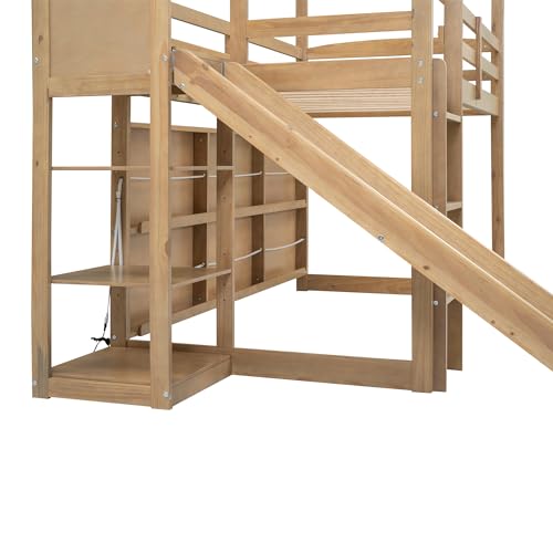 Twin Wood Loft Bed with Slide and Storage Shelves Y18162
