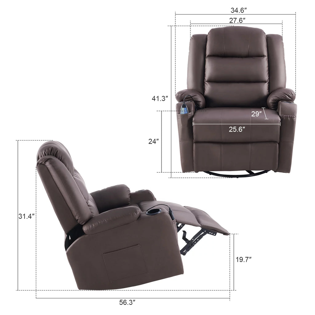 Brown 360 Swivel Heated Massaging Recliner Chair U561087