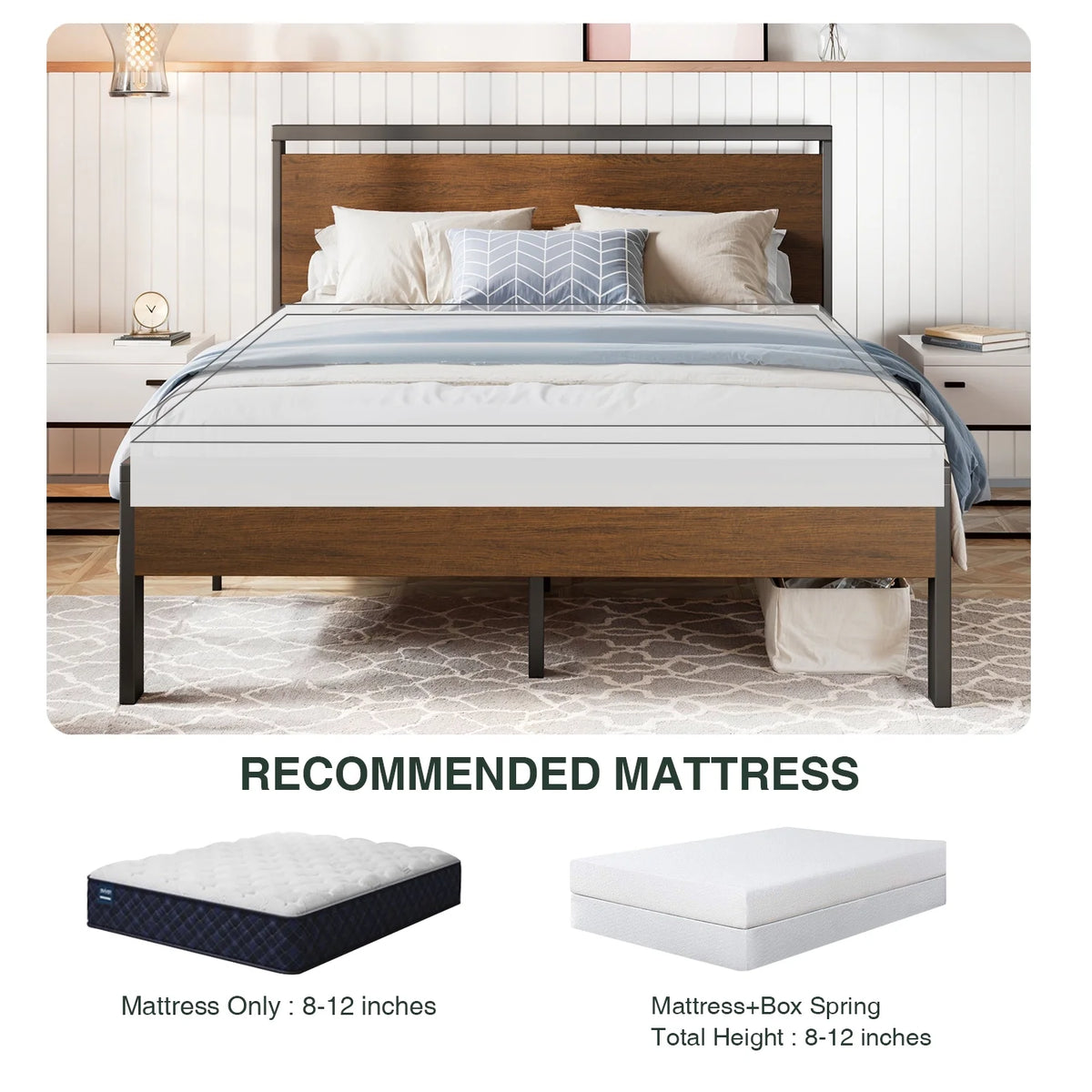 Queen Size Metal Platform Bed Frame with Wooden Headboard & Footboard W83843