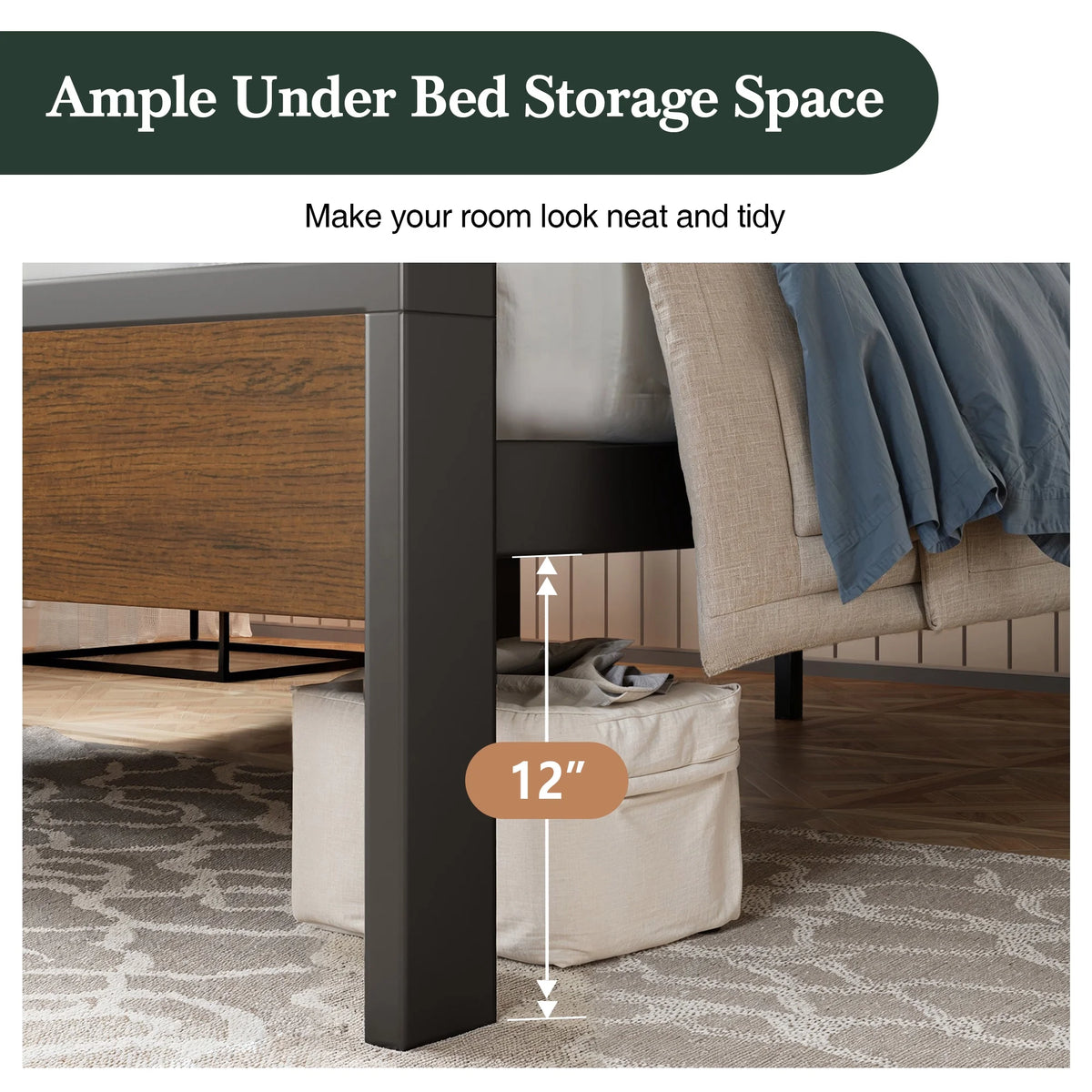 Queen Size Metal Platform Bed Frame with Wooden Headboard & Footboard W83843