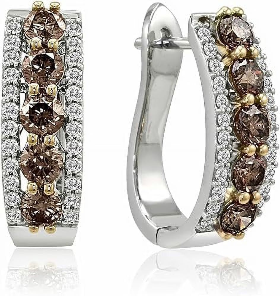 1.20 Ct Chocolate and White Diamond Hoop Earrings 14k White Gold Over 925 Sterling Silver D149