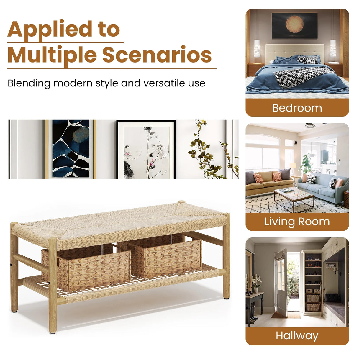 39 inch Rattan Storage Bench with 2 Baskets D2745