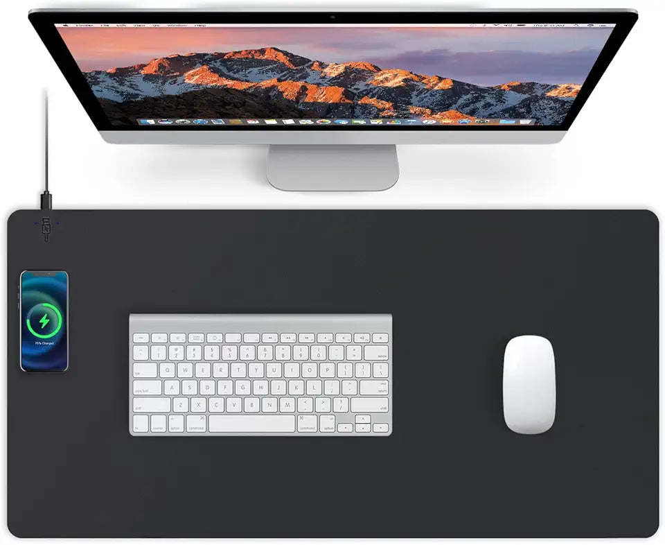 Desk Mat with Wireless Charger, PU Leather Waterproof Anti-Slip Mouse Pad, 32L x 16W inches, Black K2053