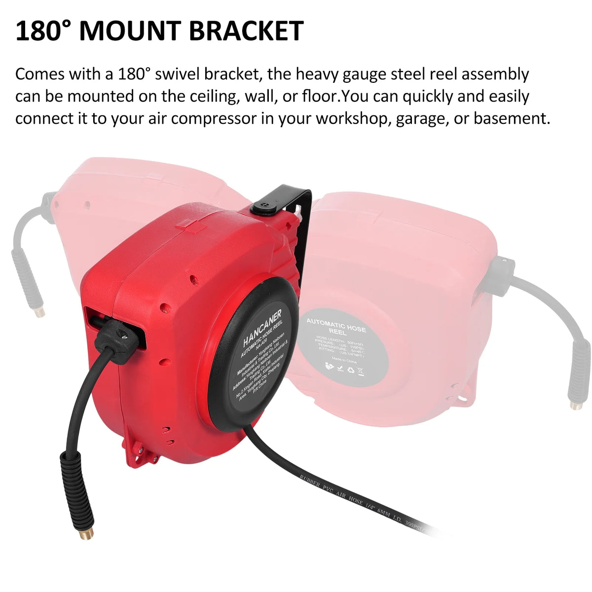 50ft Compressed Air Hose Reel with 180° Swivel J664