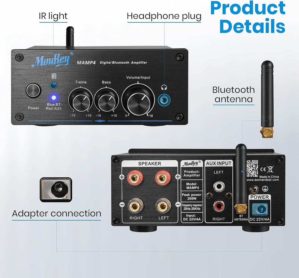 200W Dual 2 Channel Bluetooth Mini Amplifier, Pack of 2 V287