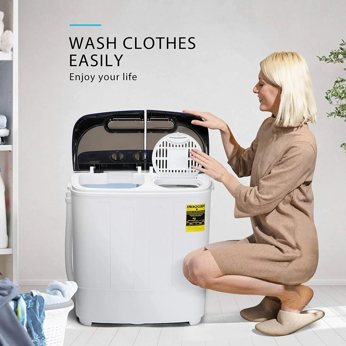Portable 2 in 1 Twin Tub Mini Laundry Washer and Spin Dryer Combo 13.5lbs Black & White J9743