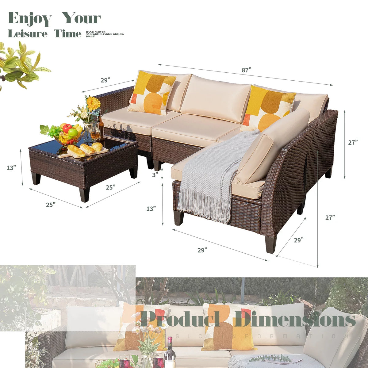 5 Pieces Wicker Rattan Outdoor Sofa Set with Coffee Table X61609