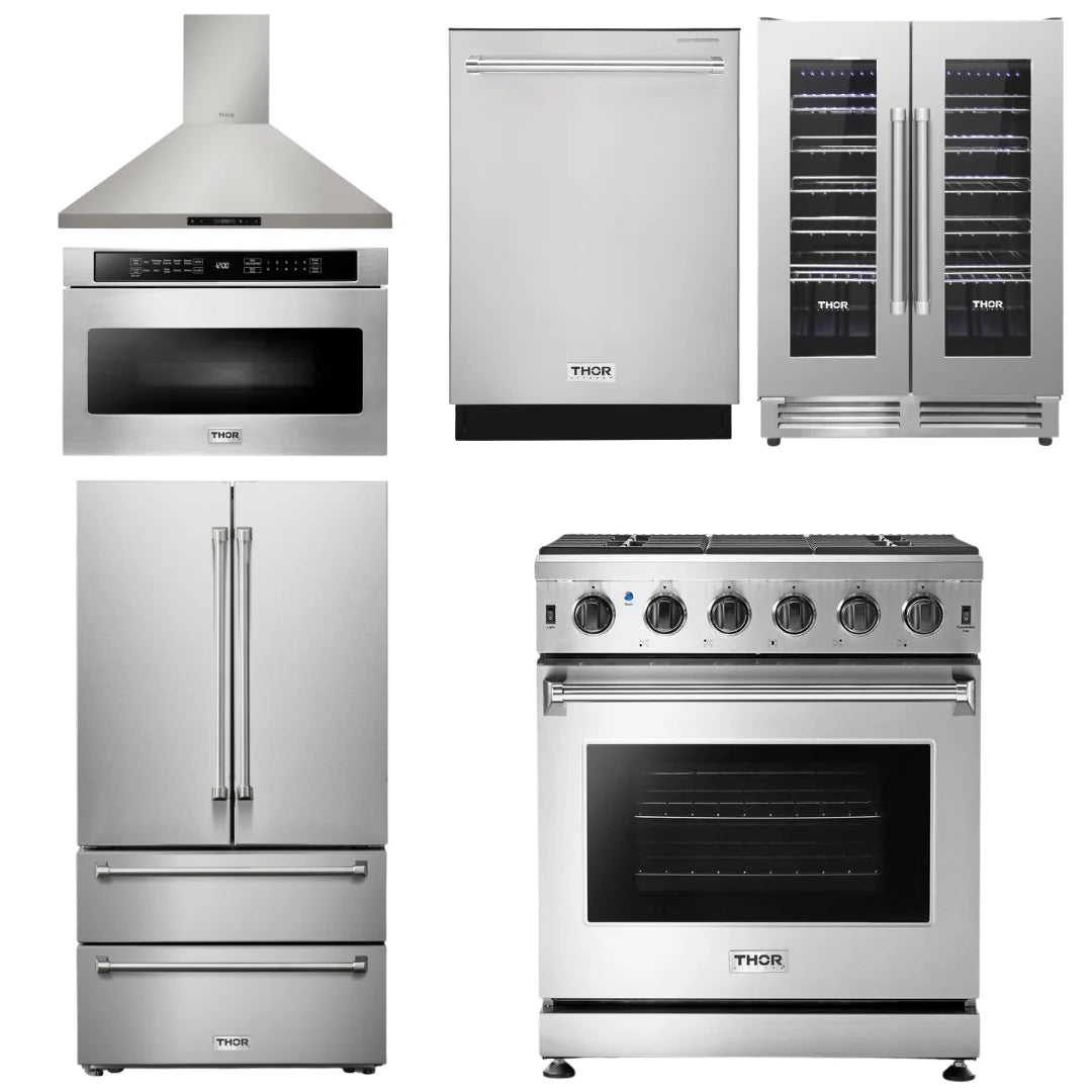 30 Propane Gas Range, Range Hood, Microwave, Refrigerator, Dishwasher, Wine Cooler N200556