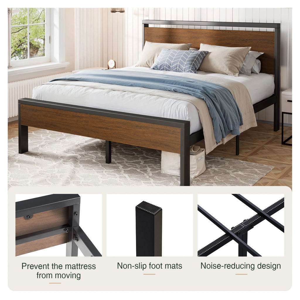 Queen Size Metal Platform Bed Frame with Wooden Headboard & Footboard W83843