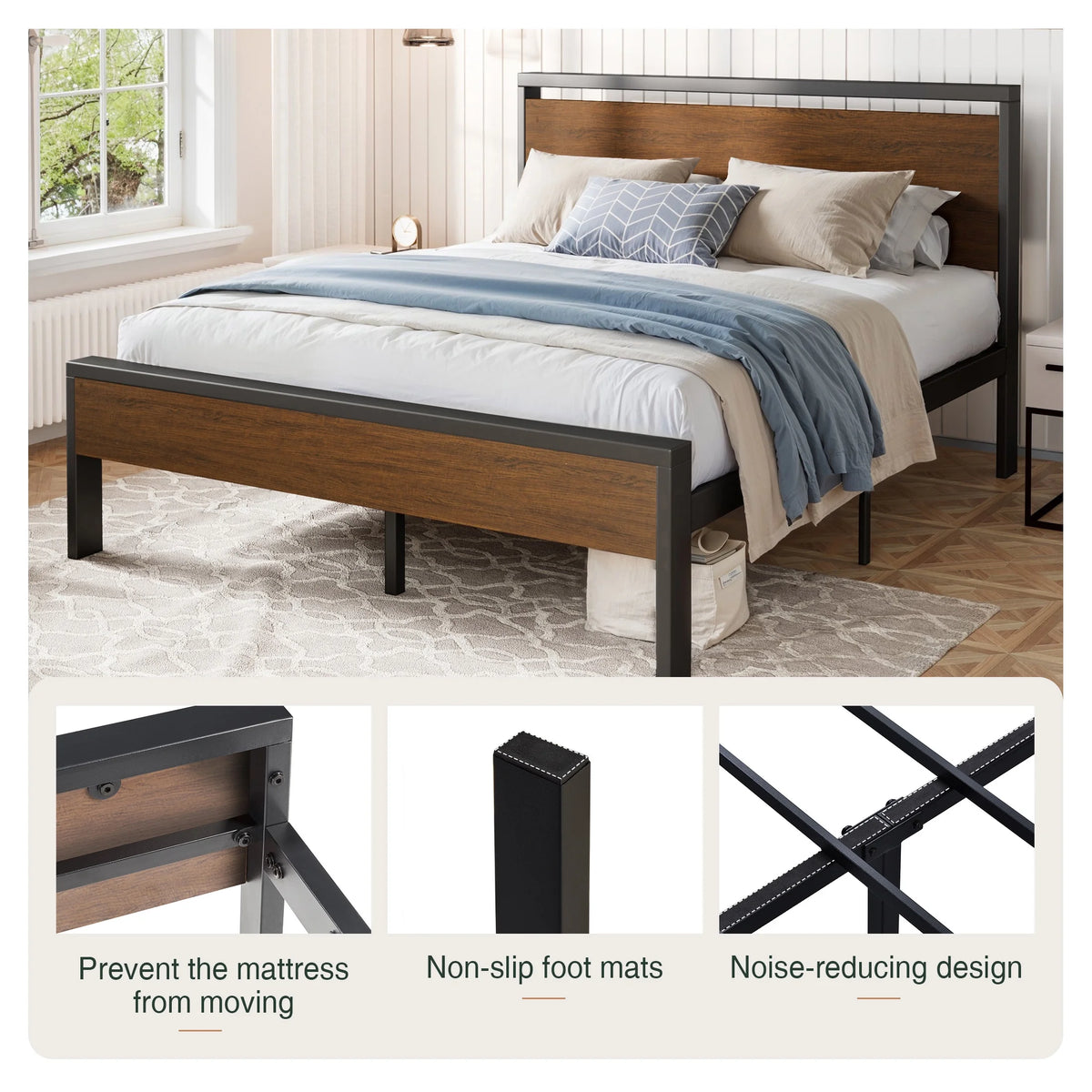 Queen Size Metal Platform Bed Frame with Wooden Headboard & Footboard W83843
