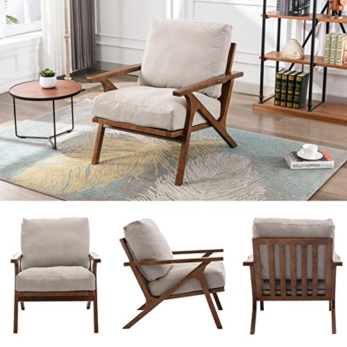 Beige Linen Accent Chair with Ottoman Q89899