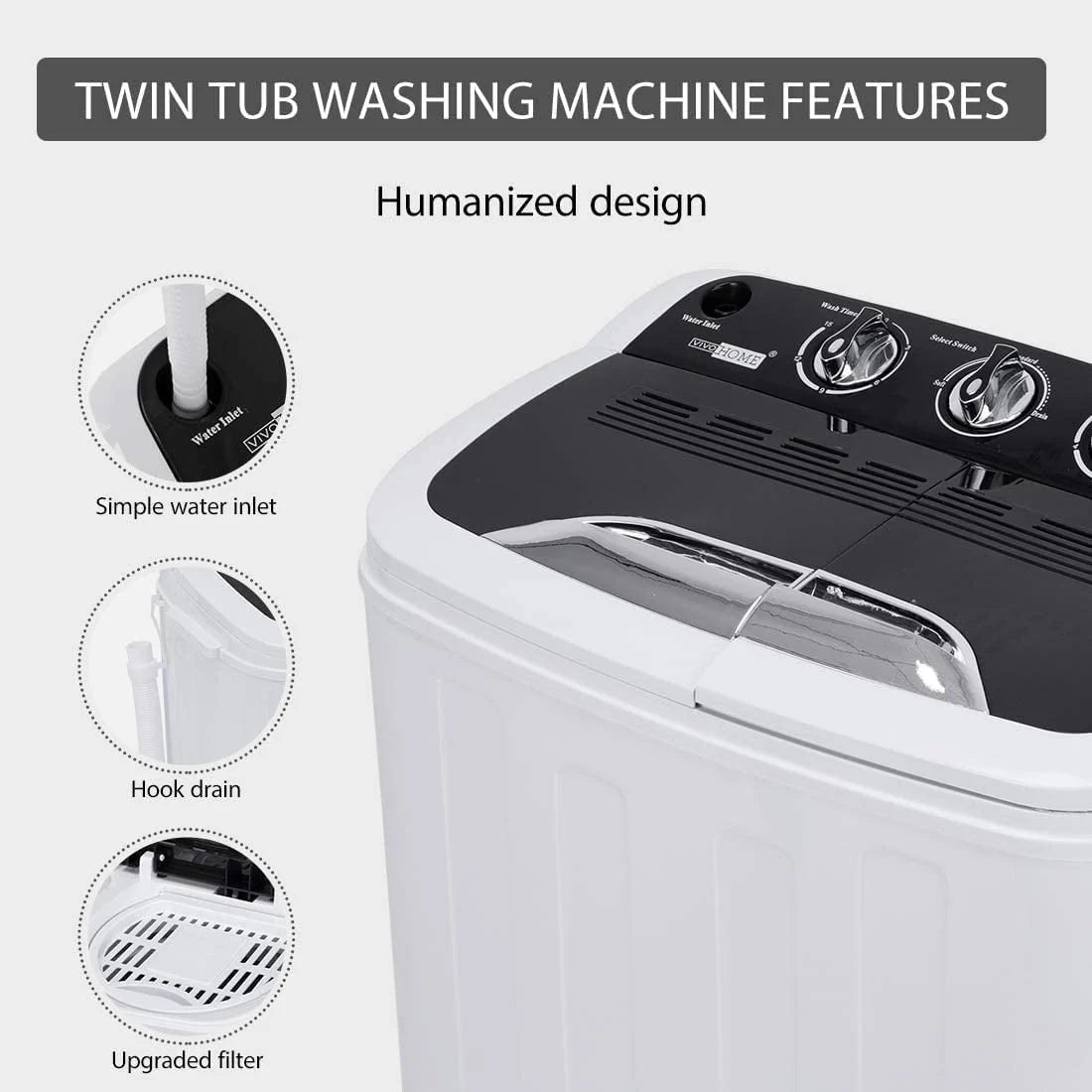 Portable 2 in 1 Twin Tub Mini Laundry Washer and Spin Dryer Combo 13.5lbs Black & White J9743