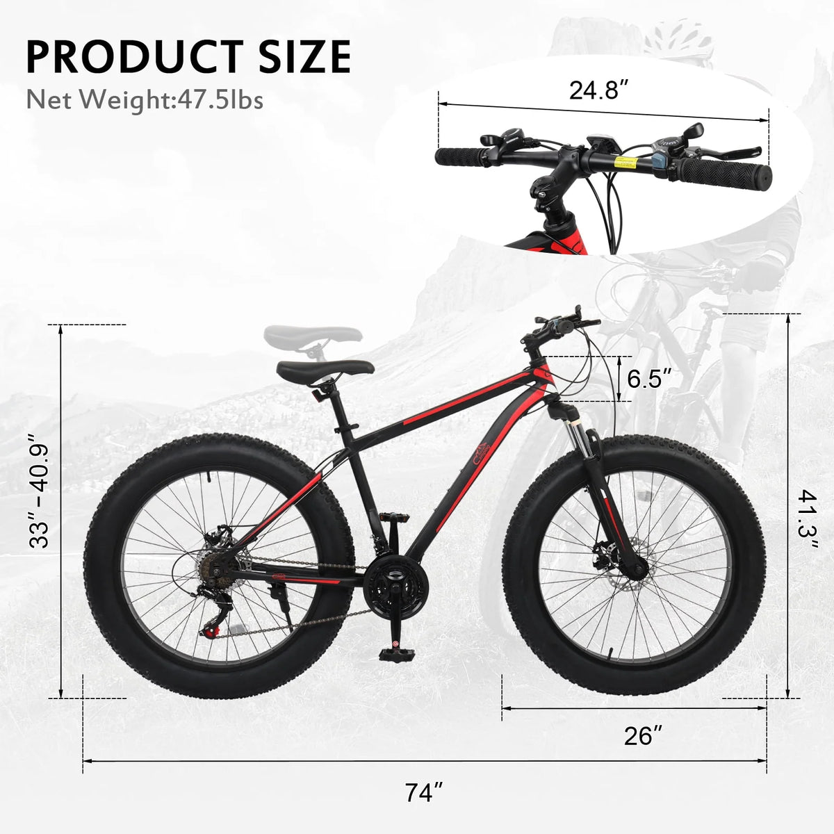 26in Fat Tire Mountain Bike 21 Speeds High Carbon Steel Red Black A809018