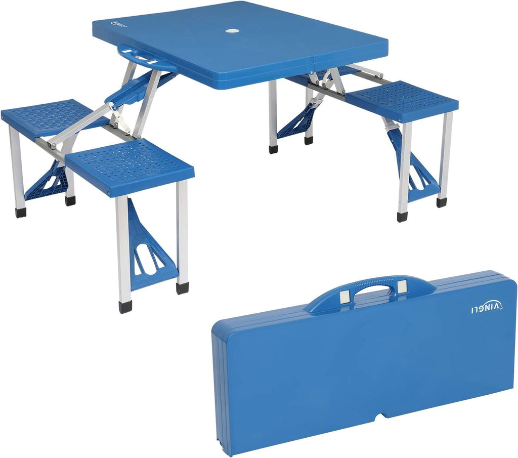 Folding Camping Picnic Table with 4 Seats with Patio Umbrella Hole, Portable Table Aluminum Alloy Frame P8805