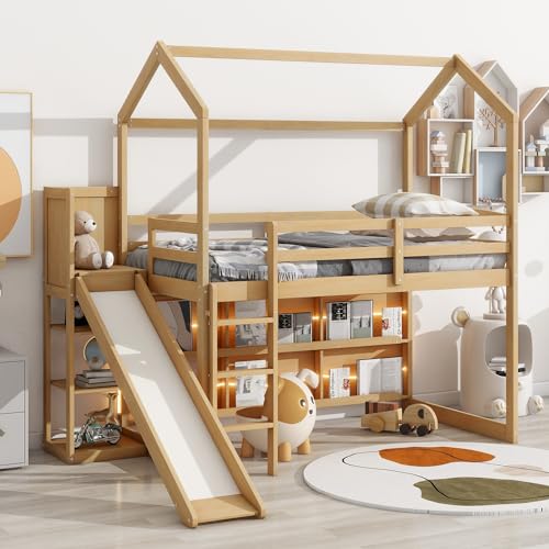 Twin Wood Loft Bed with Slide and Storage Shelves Y18162