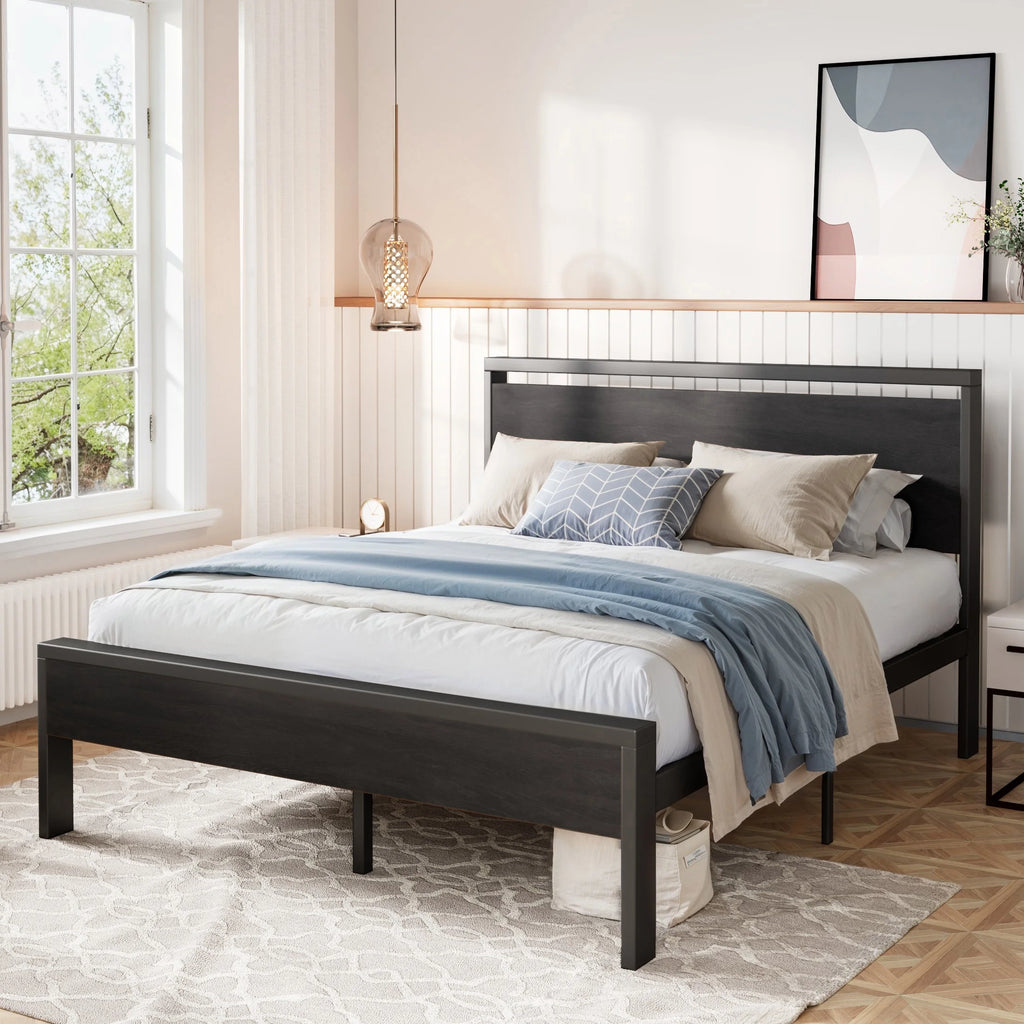 Queen Size Metal Platform Bed Frame with Wooden Headboard & Footboard W83843