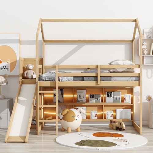 Twin Wood Loft Bed with Slide and Storage Shelves Y18162