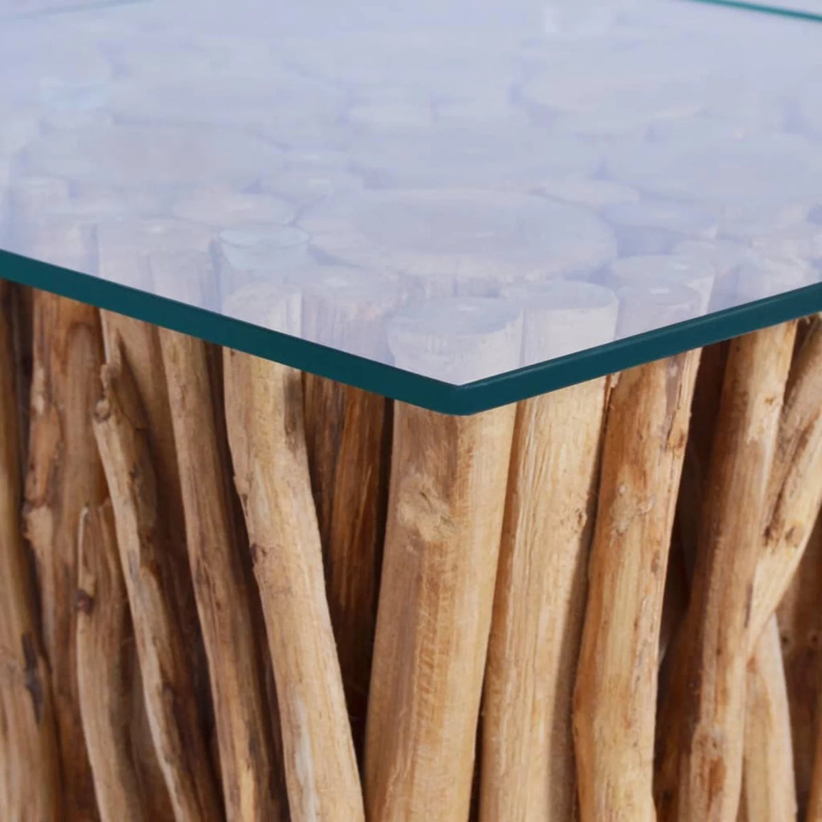 Coffee Table Glass Tabletop with Teak Wood Base I376