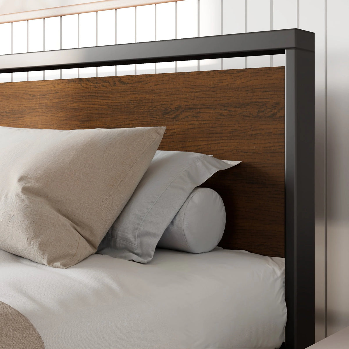 Queen Size Metal Platform Bed Frame with Wooden Headboard & Footboard W83843