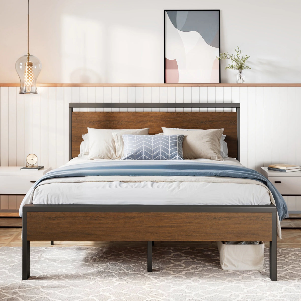 Queen Size Metal Platform Bed Frame with Wooden Headboard & Footboard W83843