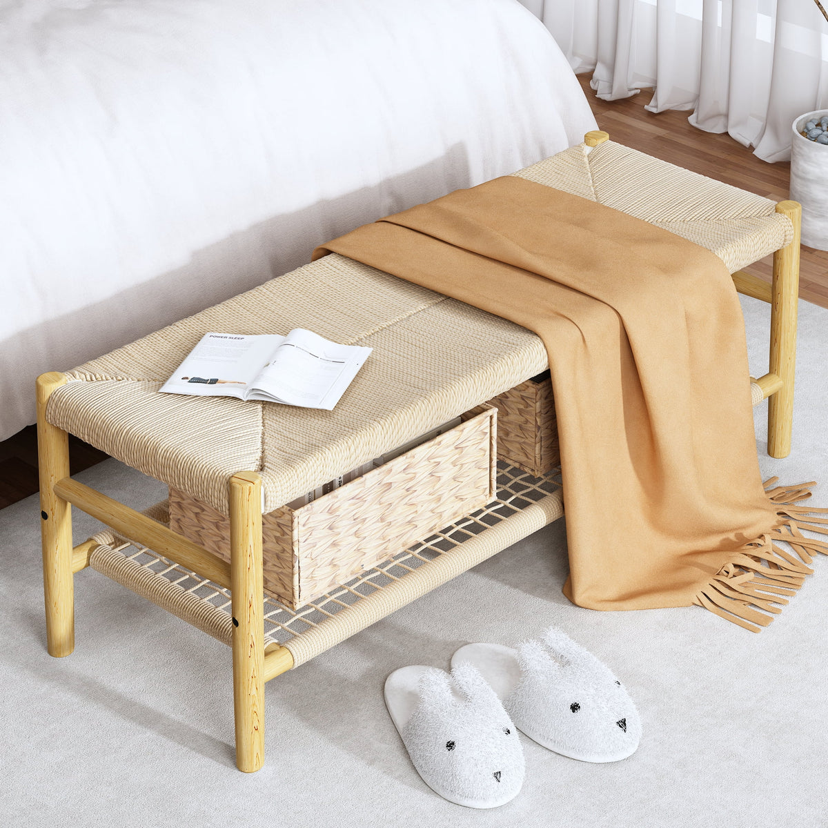 39 inch Rattan Storage Bench with 2 Baskets D2745