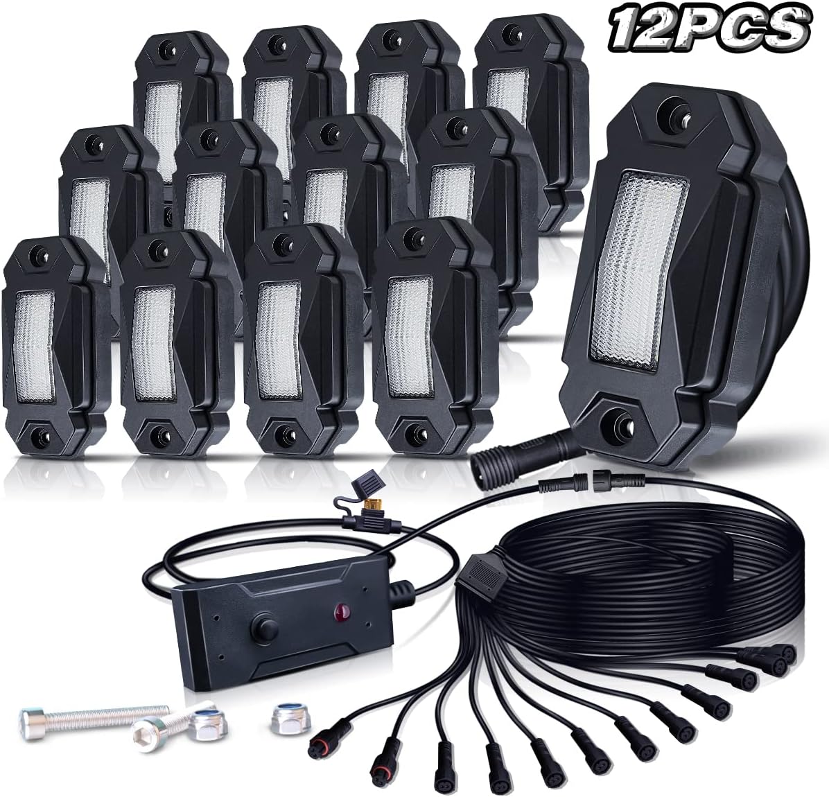 White LED Rock Lights Kit 12 Pods with Switch 21ft Wiring Harness O998262