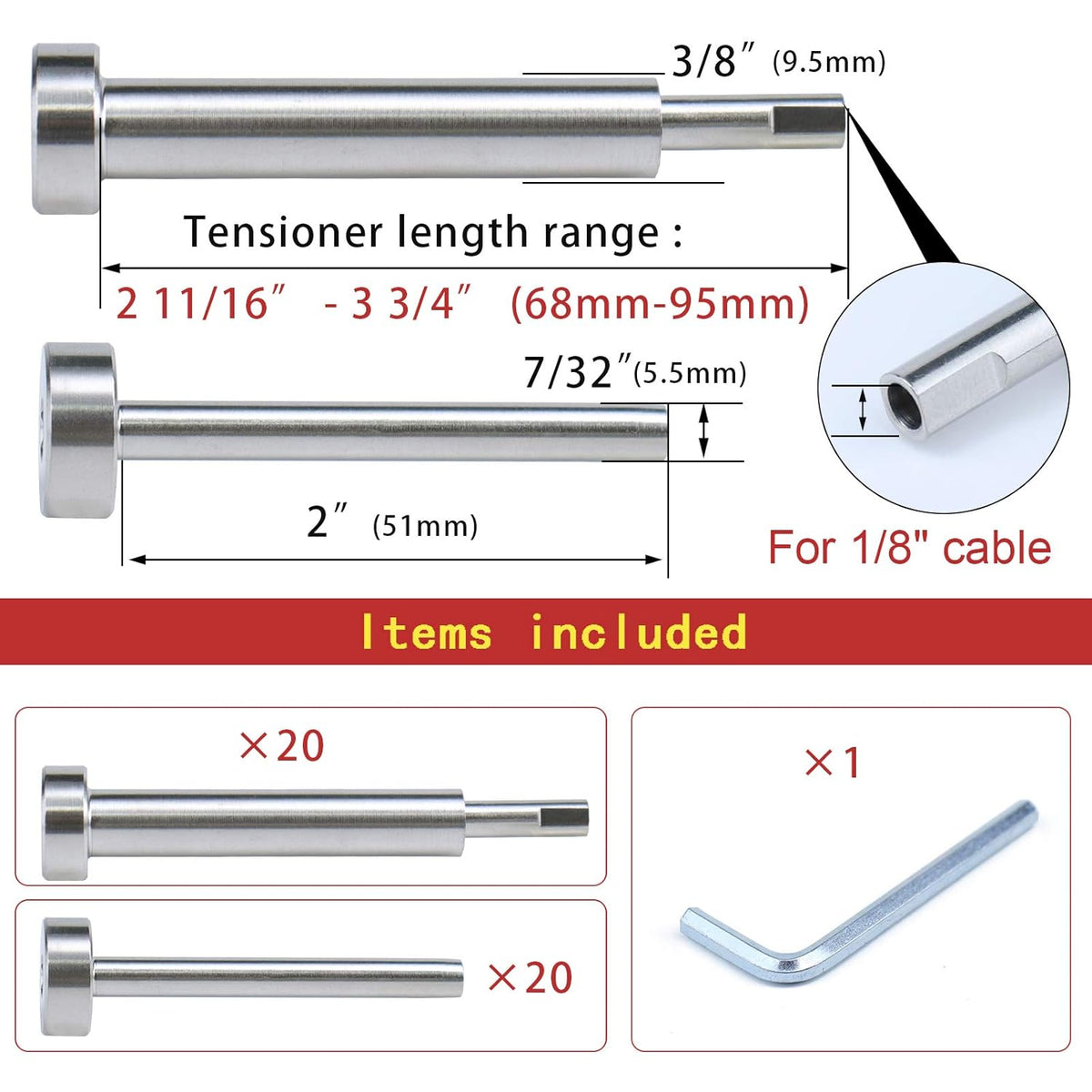 20Pair Cable Railing Kit Invisible 1/8 T316 Stainless Steel Swage Tensioner Terminal Hidden System N318