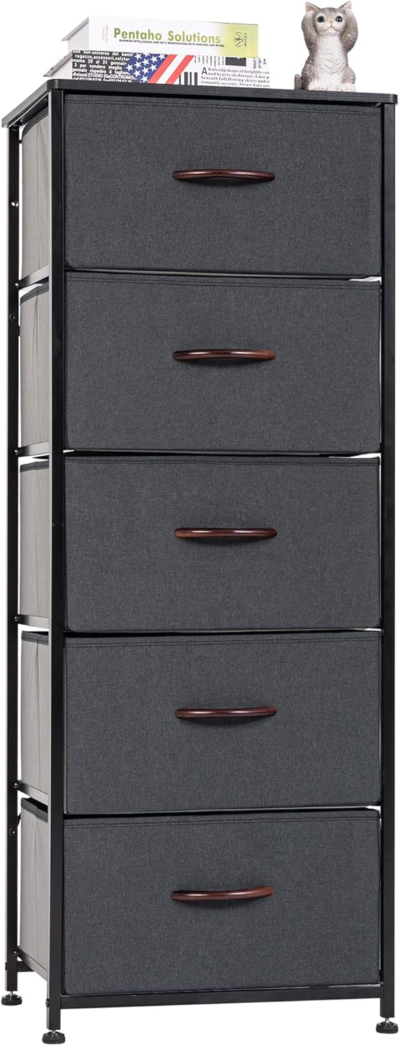 5 Drawer Fabric Dresser Tower, Dark Gray C655