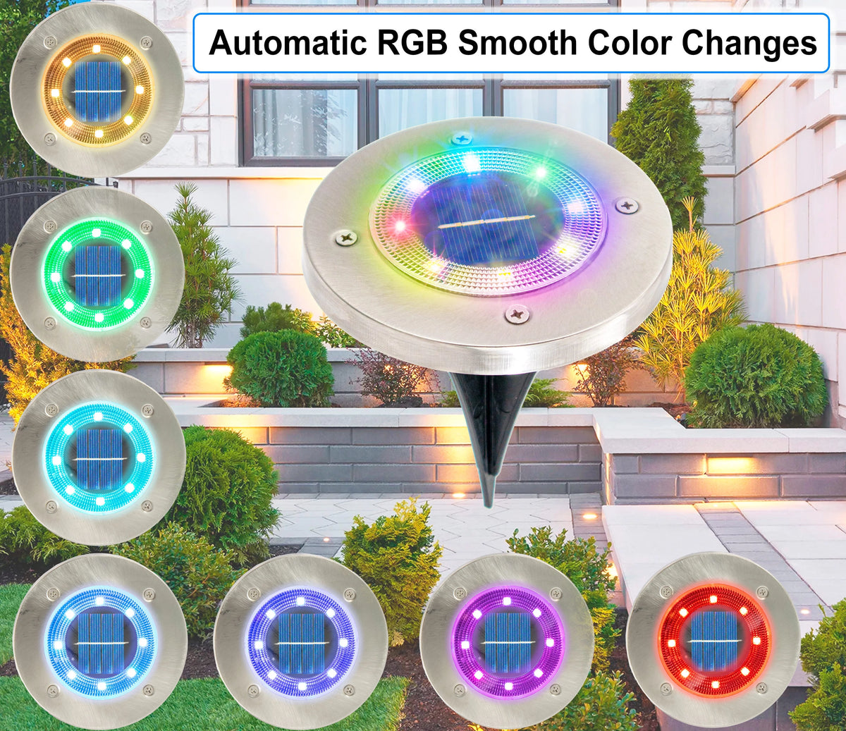 Color Changing 8 LED Disk Path Ground Lights Stainless Steel Waterproof 4 Pack T483755